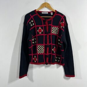 Amanda Smith VTG Folk Dark Cottagecore Boho Cardigan Sweater Embroidered Large